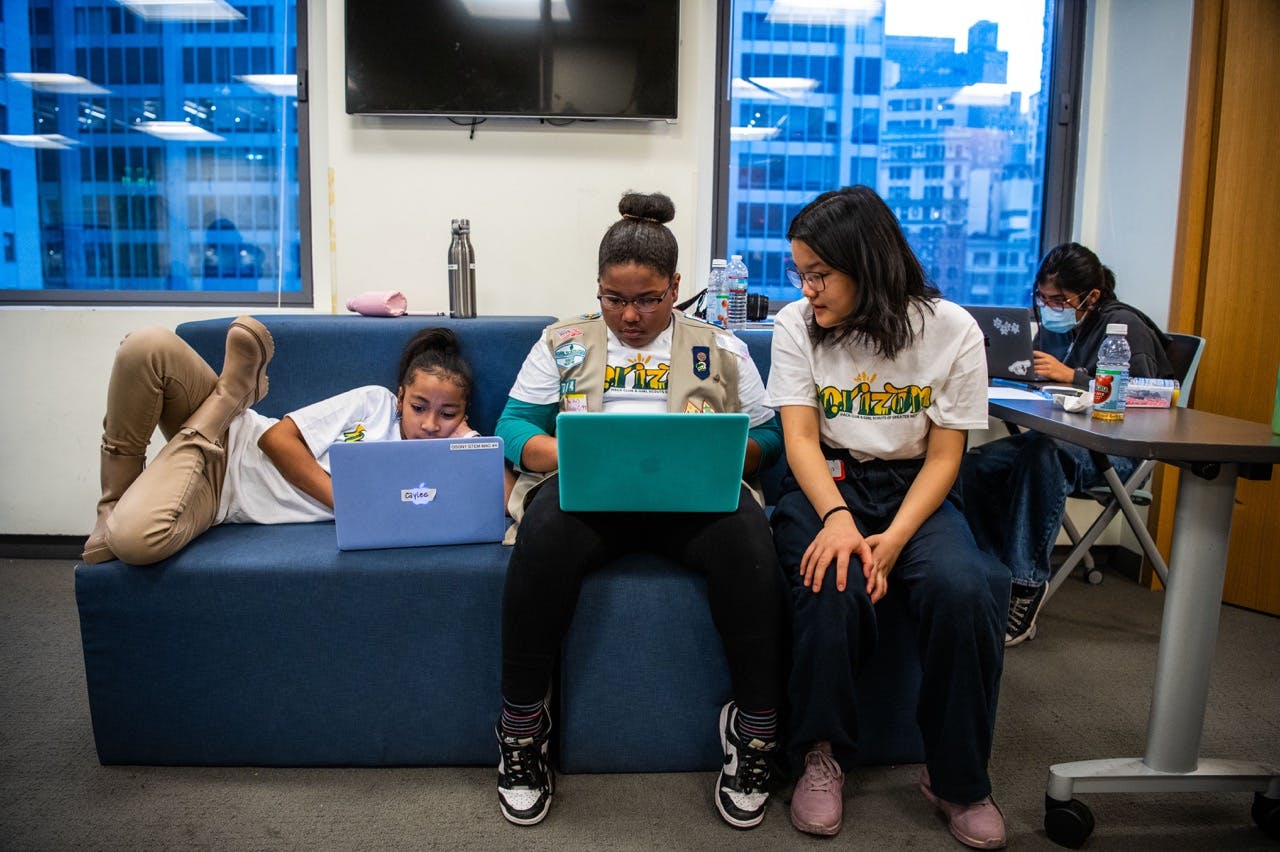 Girls coding at Horizon, Hack Club's hackathon for Girl Scouts in NYC.